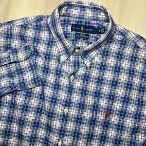 Polo Ralph Lauren Men's Sz L Slim Fit Stretch Blue Red Gingham Button Down Shirt
